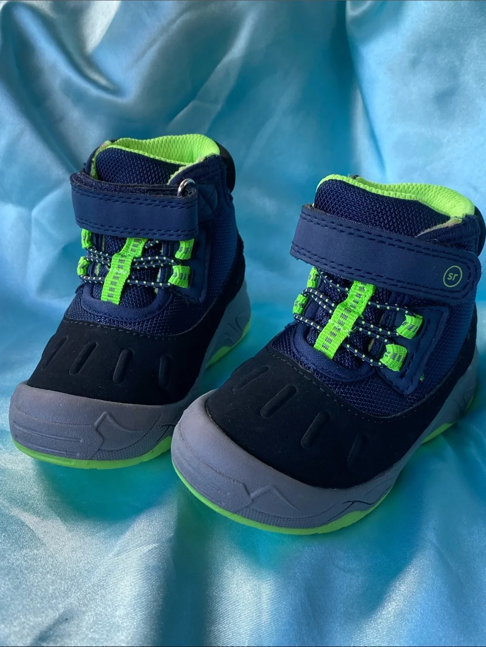 Stride Rite Nebraska Navy Blue and Neon Green Boots